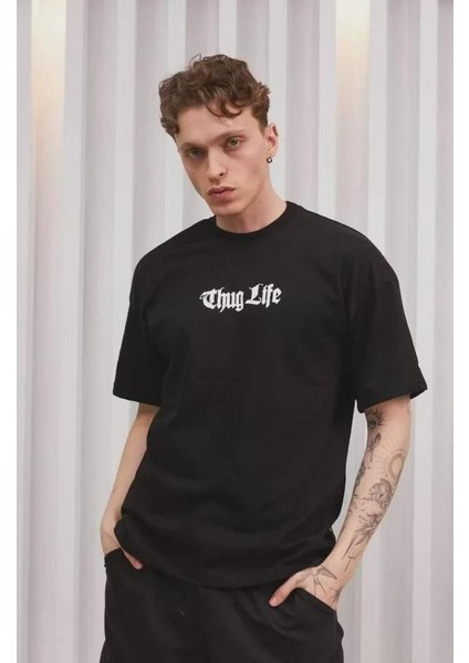 Unisex Bisiklet Yaka Baskılı Oversize T-Shirt