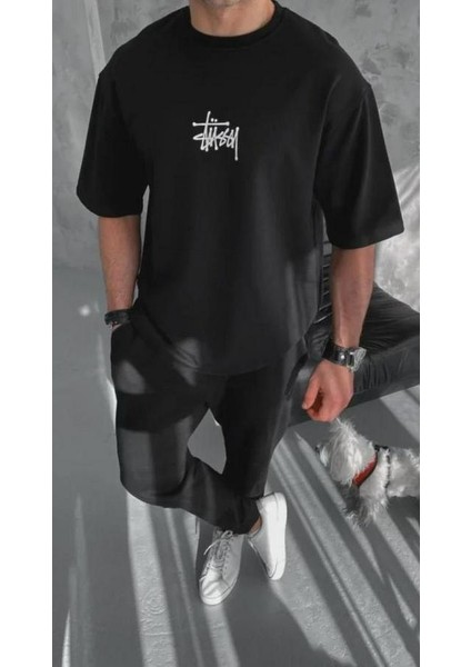 Unisex Bisiklet Yaka Baskılı Oversize T-Shirt