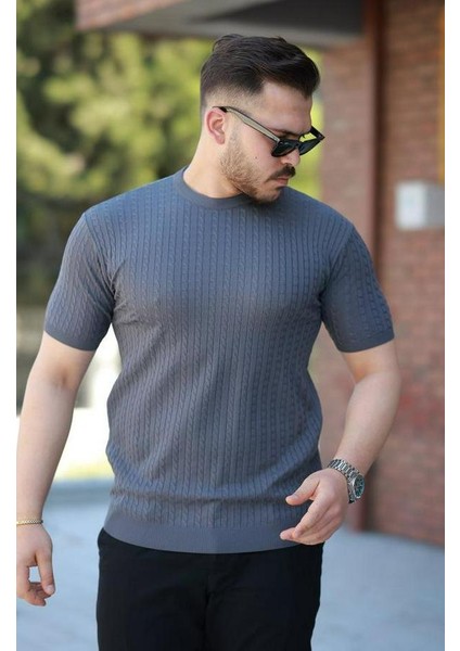 Bisiklet Yaka Örgü Desenli Kısa Örme Triko Kısa Kollu T-Shirt