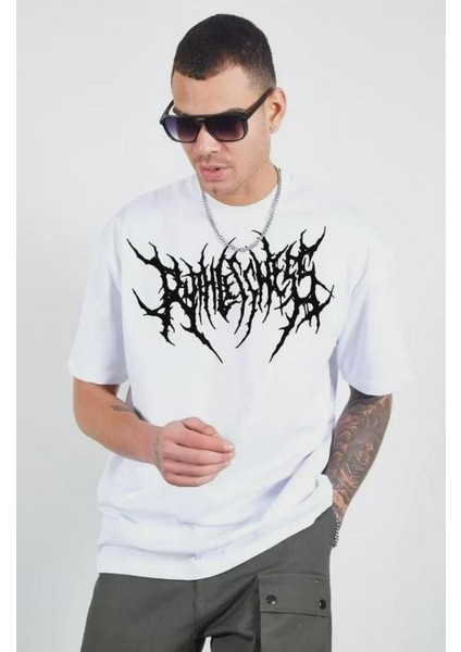 Unisex Bisiklet Yaka Baskılı Oversize T-Shirt