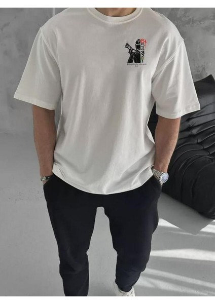 Unisex Bisiklet Yaka Baskılı Oversize T-Shirt