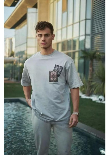 Unisex Bisiklet Yaka Baskılı Oversize T-Shirt