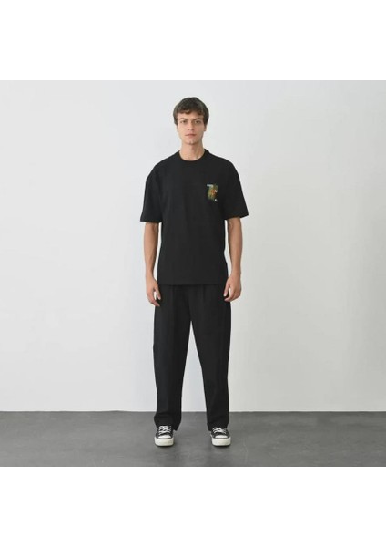 Unisex Bisiklet Yaka Baskılı Oversize T-Shirt