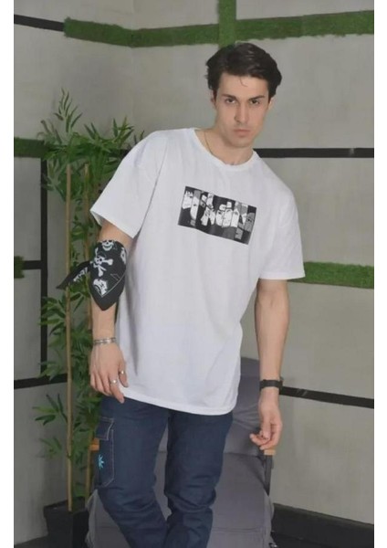 Unisex Bisiklet Yaka Baskılı Oversize T-Shirt