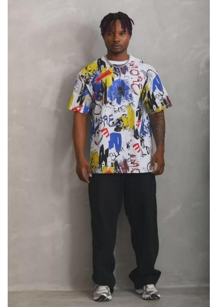 Unisex Oversize Baskılı Bisiklet Yaka T-Shirt