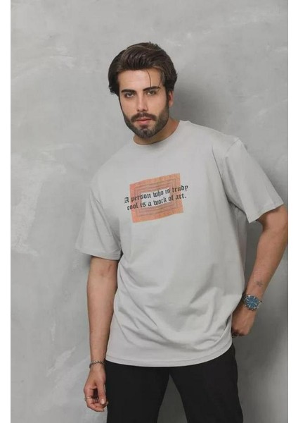 Unisex Bisiklet Yaka Baskılı Oversize T-Shirt