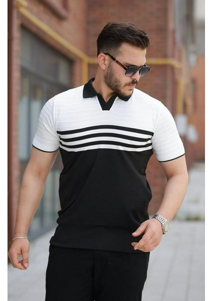 Çizgi Desenli Yakalı Kısa Kollu T-Shirt