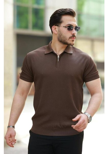 Fermuarlı Yakalı Kısa Kollu Tshirt