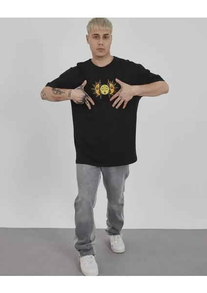 Unisex Bisiklet Yaka Baskılı Oversize T-Shirt