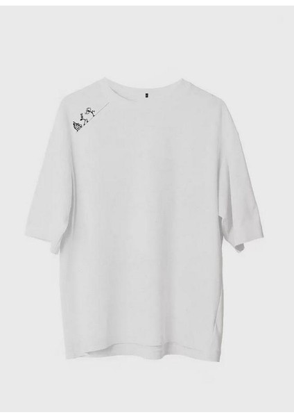 Unisex Bisiklet Yaka Baskılı Oversize T-Shirt