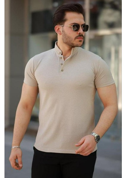 Hakim Yaka Dokuma Pamuklu Kumaş Kısa Kollu T-Shirt