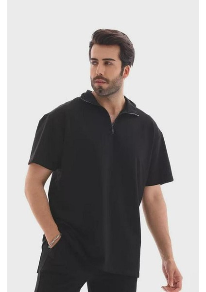 Unisex Yarım Fermuarlı Düz Oversize T-Shirt