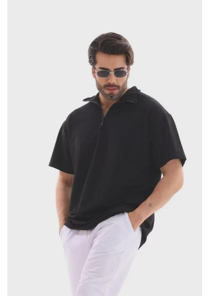 Unisex Yarım Fermuarlı Düz Oversize T-Shirt modelleri