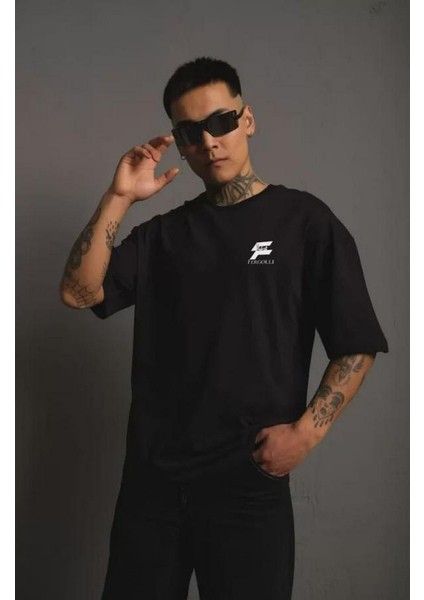 Unisex Bisiklet Yaka Baskılı Oversize T-Shirt