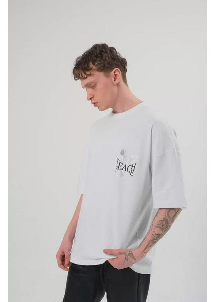 Unisex Bisiklet Yaka Baskılı Oversize T-Shirt