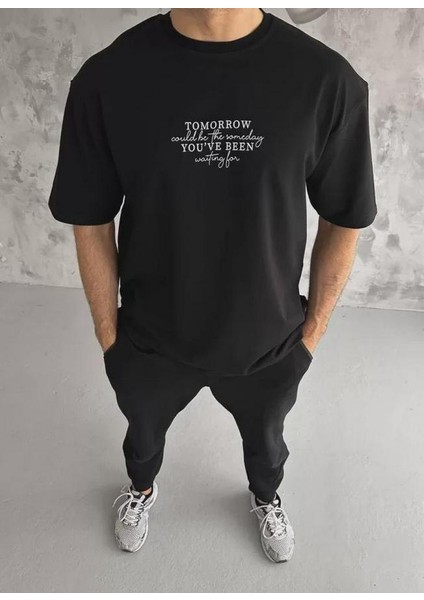 Unisex Bisiklet Yaka Baskılı Oversize T-Shirt