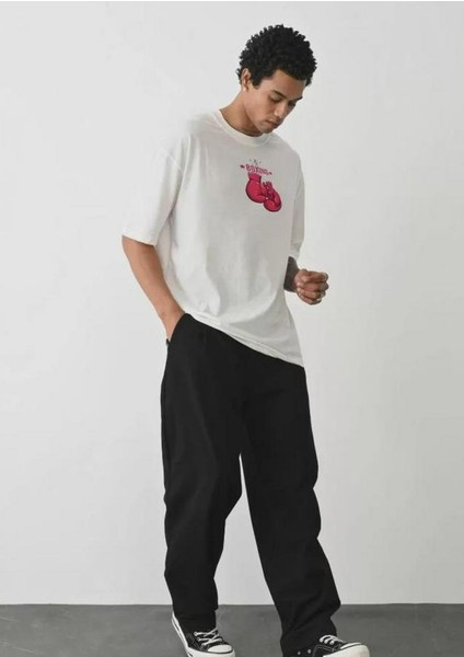 Unisex Bisiklet Yaka Baskılı Oversize T-Shirt