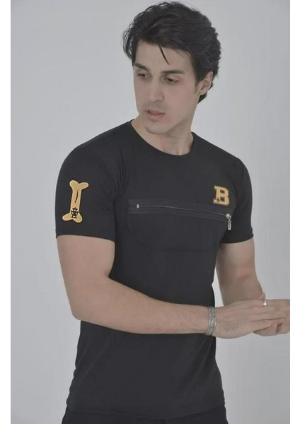 Unisex Göğüs Fermuarlı Baskılı T-Shirt