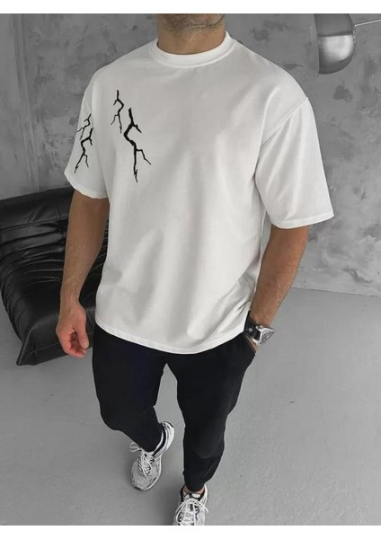 Unisex Bisiklet Yaka Baskılı Oversize T-Shirt