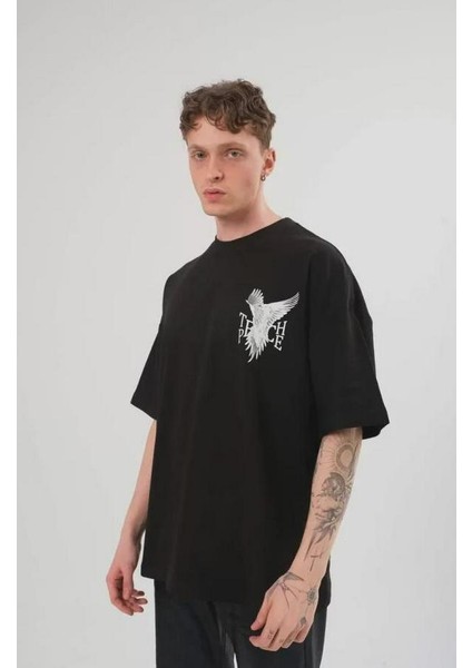 Unisex Bisiklet Yaka Baskılı Oversize T-Shirt