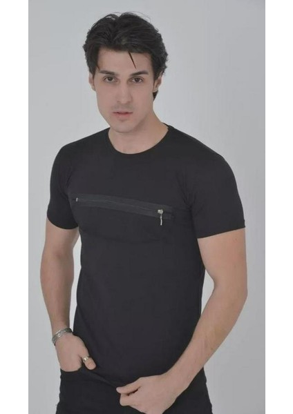 Göğüste Fermuar Aksesuarlı Dar Kalıp T-Shirt