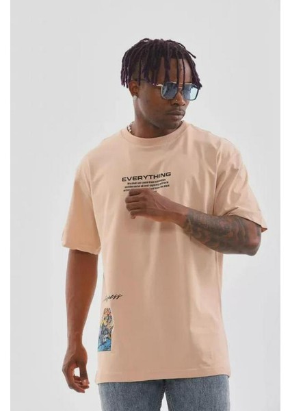 Unisex Bisiklet Yaka Baskılı Oversize T-Shirt