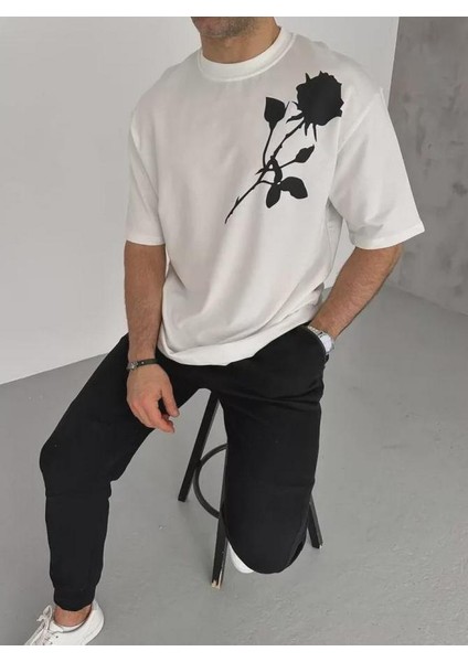 Unisex Bisiklet Yaka Baskılı Oversize T-Shirt