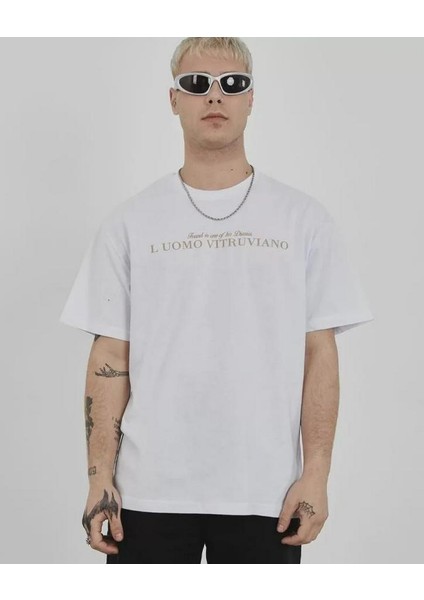 Unisex Bisiklet Yaka Baskılı Oversize T-Shirt