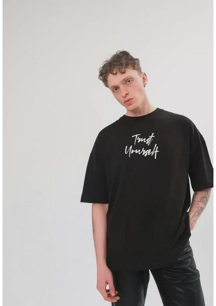 Unisex Bisiklet Yaka Baskılı Oversize T-Shirt