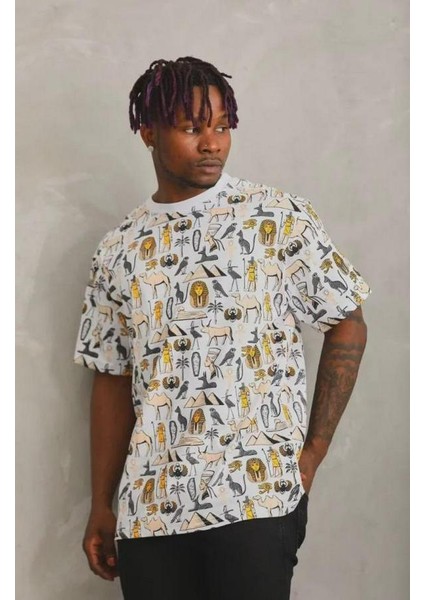 Unisex Oversize Baskılı Bisiklet Yaka T-Shirt