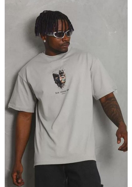 Unisex Oversize Baskılı Bisiklet Yaka T-Shirt