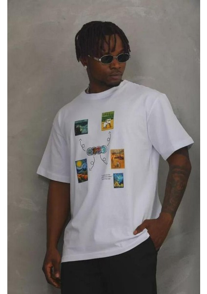 Unisex Oversize Baskılı Bisiklet Yaka T-Shirt