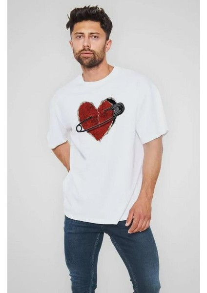 Unisex Bisiklet Yaka Baskılı Oversize T-Shirt