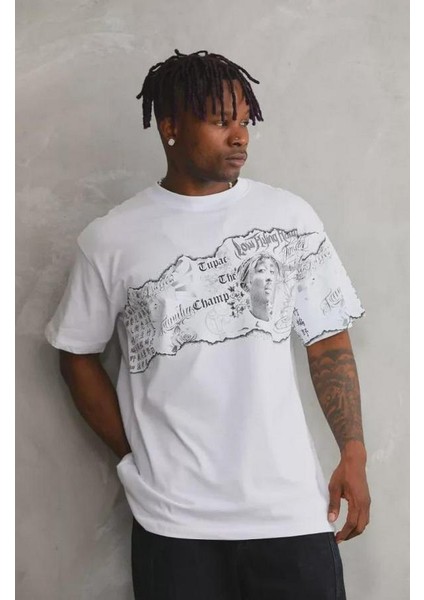 Unisex Bisiklet Yaka Baskılı Oversize T-Shirt