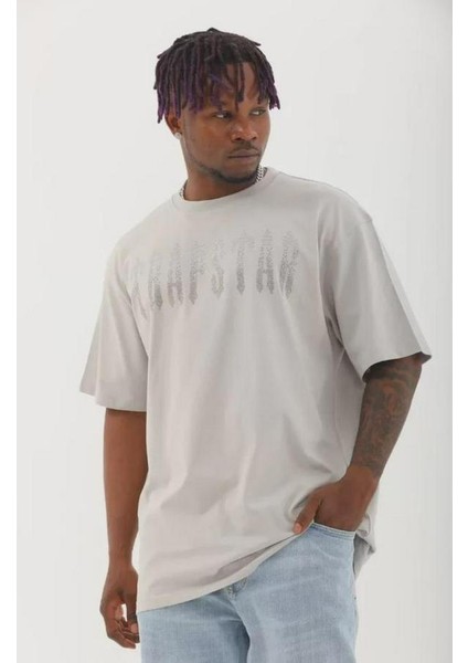 Unisex Oversize Taşlı Bisiklet Yaka T-Shirt