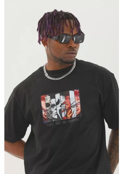 Unisex Oversize Baskılı Bisiklet Yaka T-Shirt