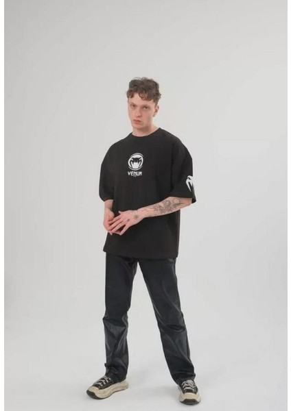 Unisex Bisiklet Yaka Baskılı Oversize T-Shirt