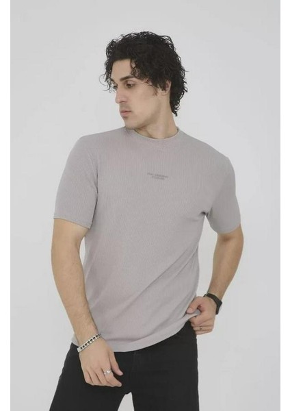 Unisex Bisiklet Yaka Slim Fit T-Shirt- Boyalı Gri