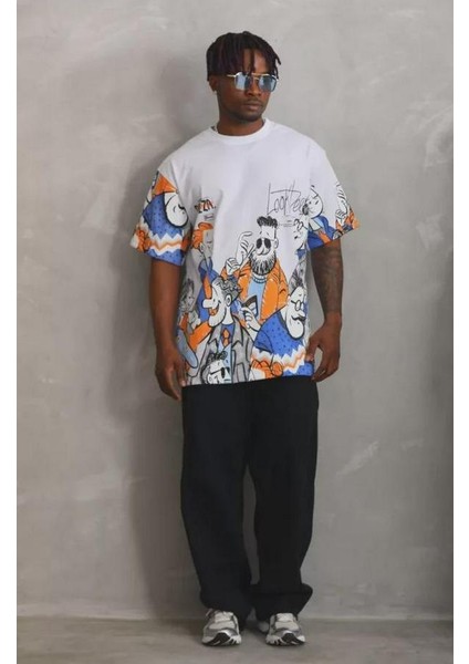 Unisex Oversize Baskılı Bisiklet Yaka T-Shirt