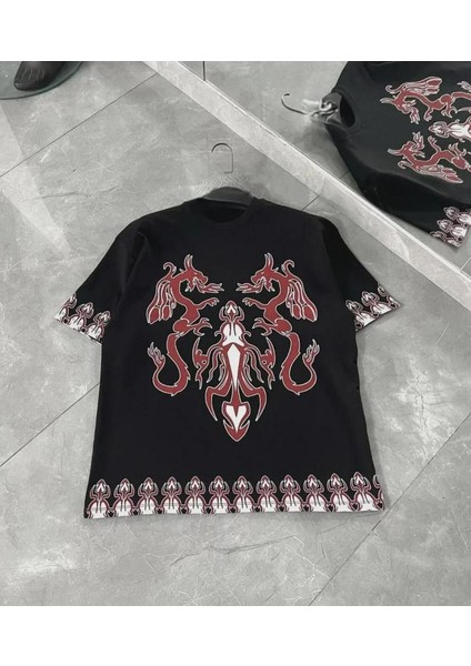 Unisex Bisiklet Yaka Baskılı Oversize T-Shirt