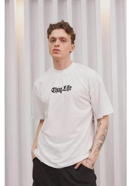 Unisex Bisiklet Yaka Baskılı Oversize T-Shirt