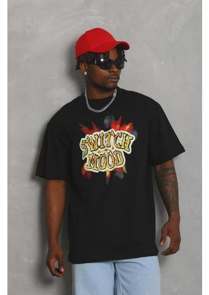 Unisex Oversize Baskılı Bisiklet Yaka T-Shirt