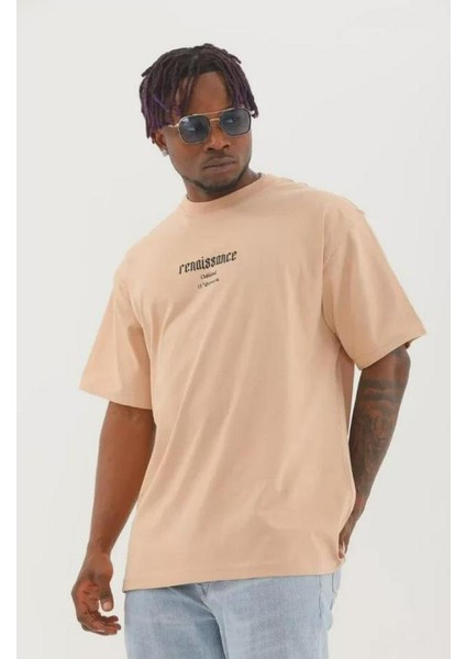 Unisex Oversize Baskılı Bisiklet Yaka T-Shirt