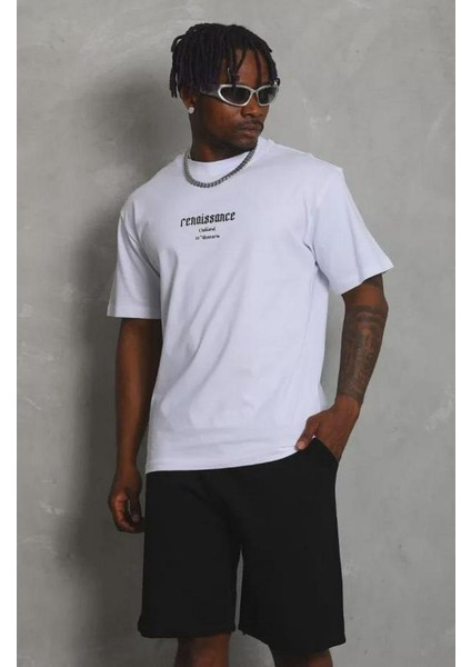 Unisex Oversize Baskılı Bisiklet Yaka T-Shirt