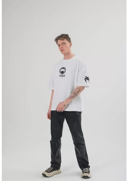 Unisex Bisiklet Yaka Baskılı Oversize T-Shirt