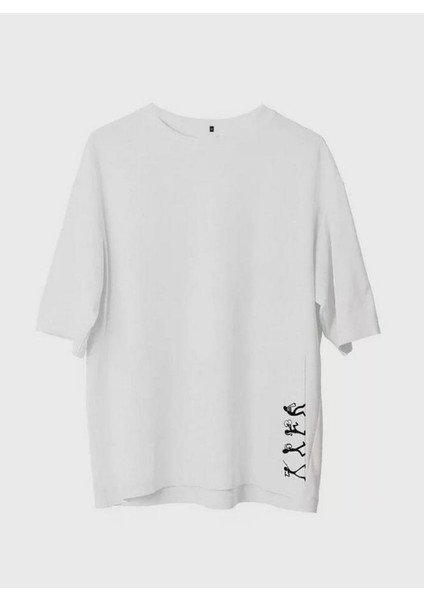 Unisex Bisiklet Yaka Baskılı Oversize T-Shirt