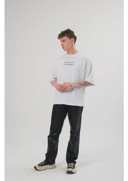 Unisex Bisiklet Yaka Baskılı Oversize T-Shirt