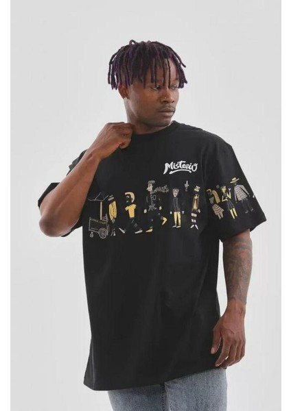 Unisex Bisiklet Yaka Baskılı Oversize T-Shirt