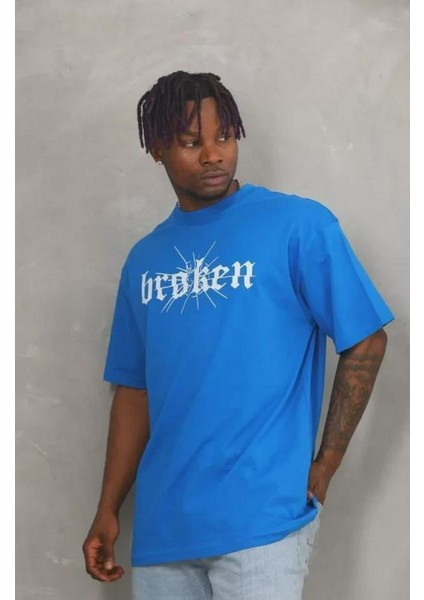 Unisex Oversize Baskılı Bisiklet Yaka T-Shirt