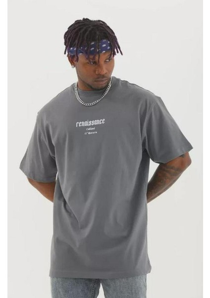 Unisex Oversize Baskılı Bisiklet Yaka T-Shirt